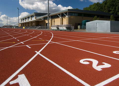 Running track photographed from a low angle at a sports centre in Essex