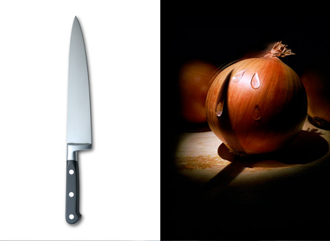 Knife and onion showen crying with tears