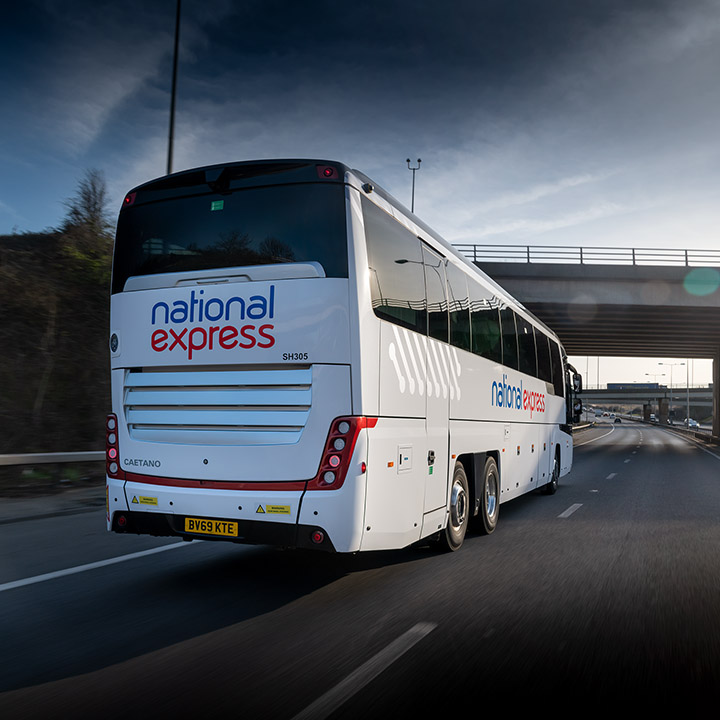 A National Express coach on the M11 in Essex.