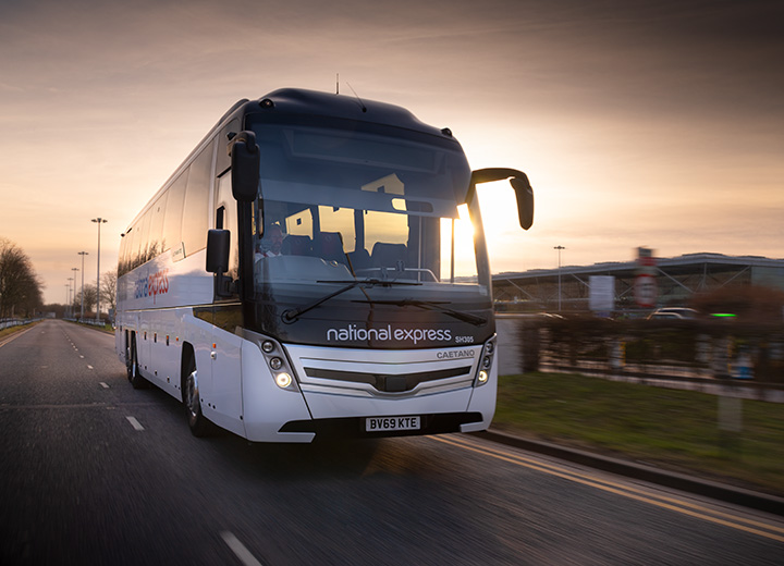 Coach at Stansted Airport at sunset