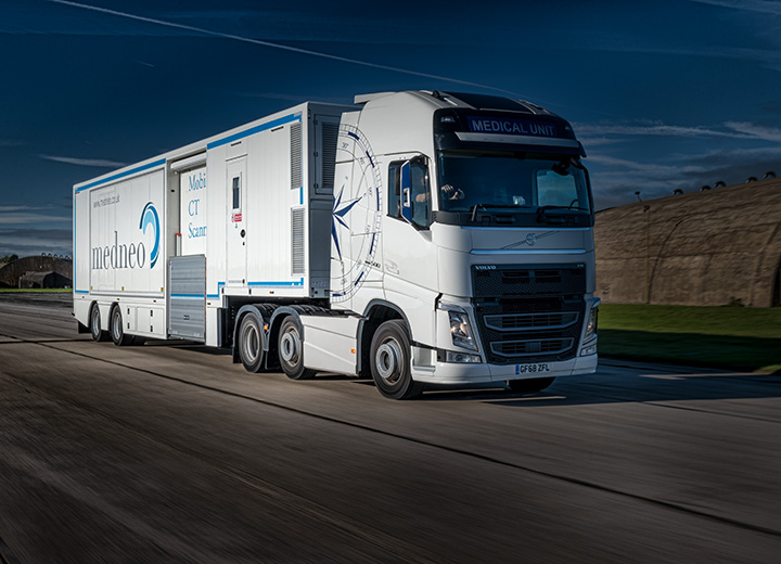 A mobile scanner lorry travelling towards a hospital to be set up to enabel CT Scanning.