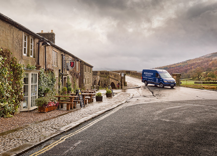 A berkmann wine van making a delivery to a rural pub in North Yorkshire.