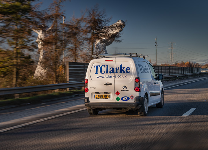 A van passing The Kelpies on the M9 in Scotland