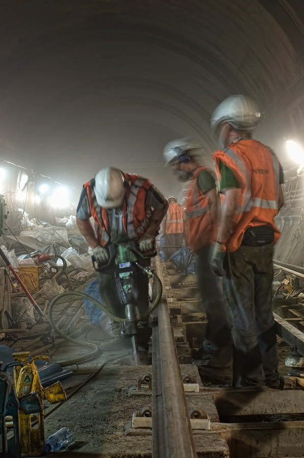 Construction workers in London Underground tunnel