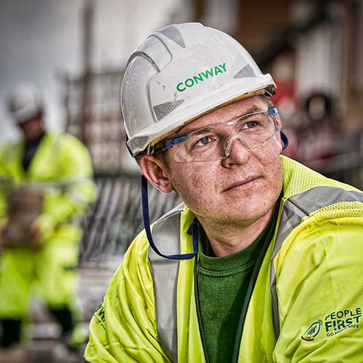 A worker from FM Conway photographed on a London construction site for the companies website and for Health and Safety posters