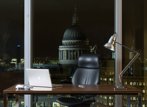 Office table with St Pauls in the background, photographed in The City, London