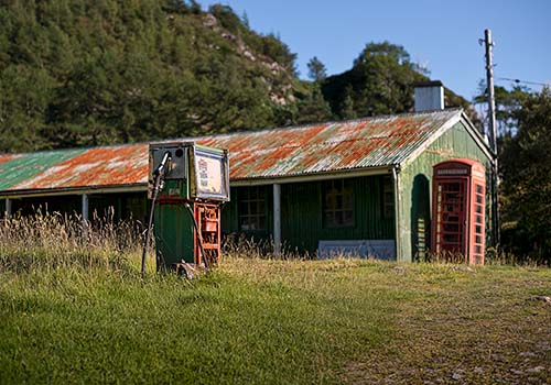 An old rural petrol station in Scotland