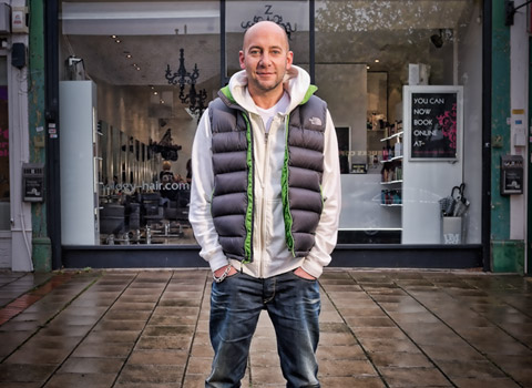 Portrait photography of hairdresser outside his Wanstead shop